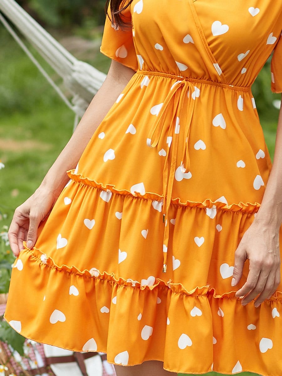 Color=Yellow | Elegant V Neck Pagoda Sleeves Tiered Adjustable Short Summer Dress-Yellow 3
