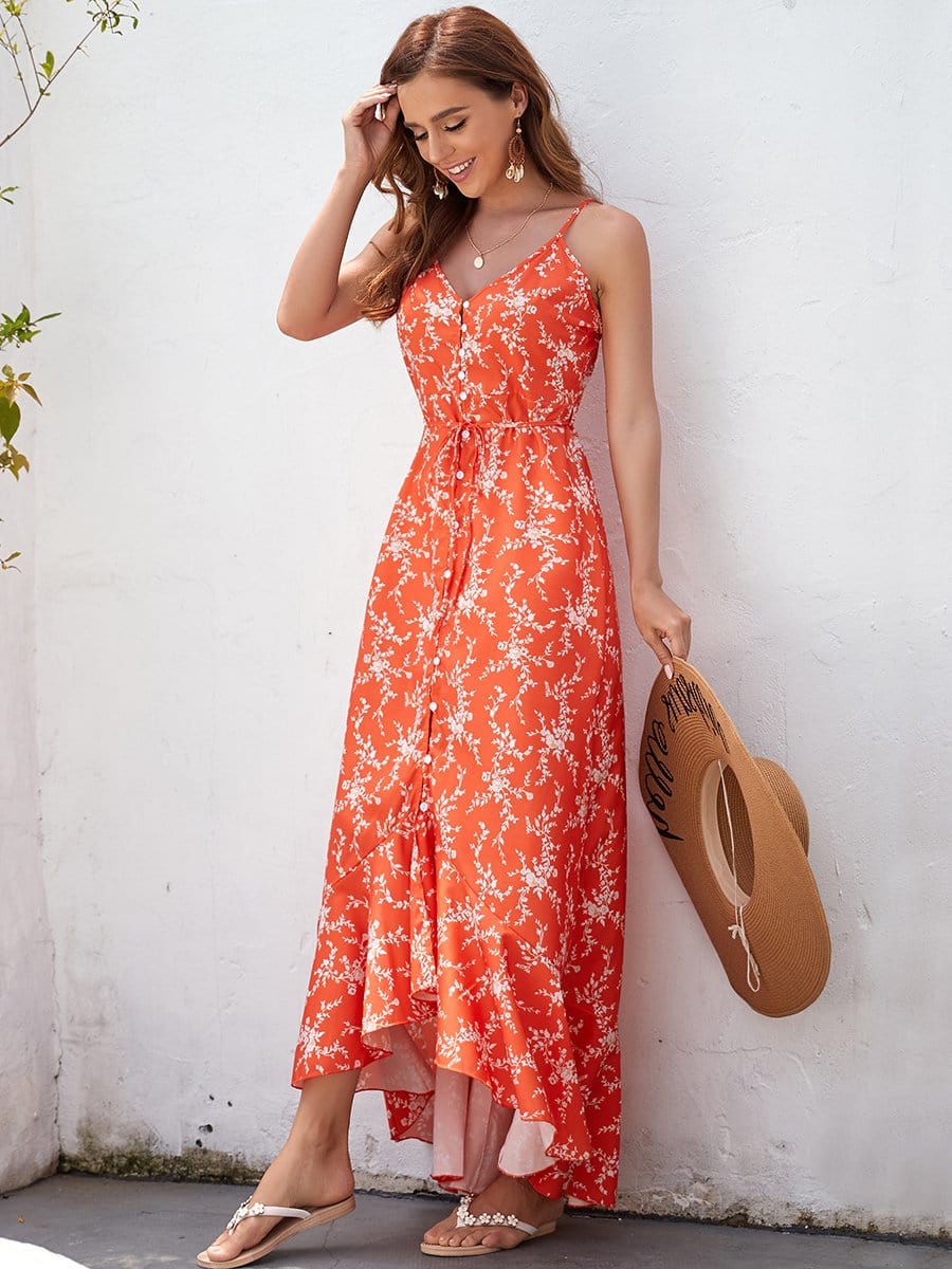 Color=Red | V Neck Spaghetti Strap Button Down Asymmetric Maxi Summer Dress-Red 4