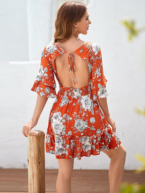 Color=Red | V Neck Cut Out Backless Ruffle Sleeves Tiered Short Summer Dress-Red 2