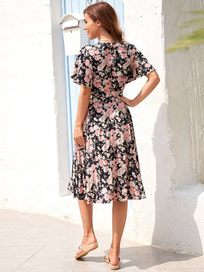 Color=Black and Printed | Floral Pleated Round Neck Short Butterfly Sleeves Summer Midi Dress-Black And Printed 2