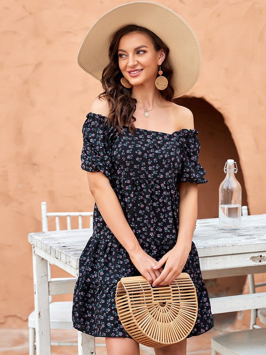 Color=Black | Square Neckline Off Shoulder Mid-Rib Tiered Short Summer Dress-Black 1