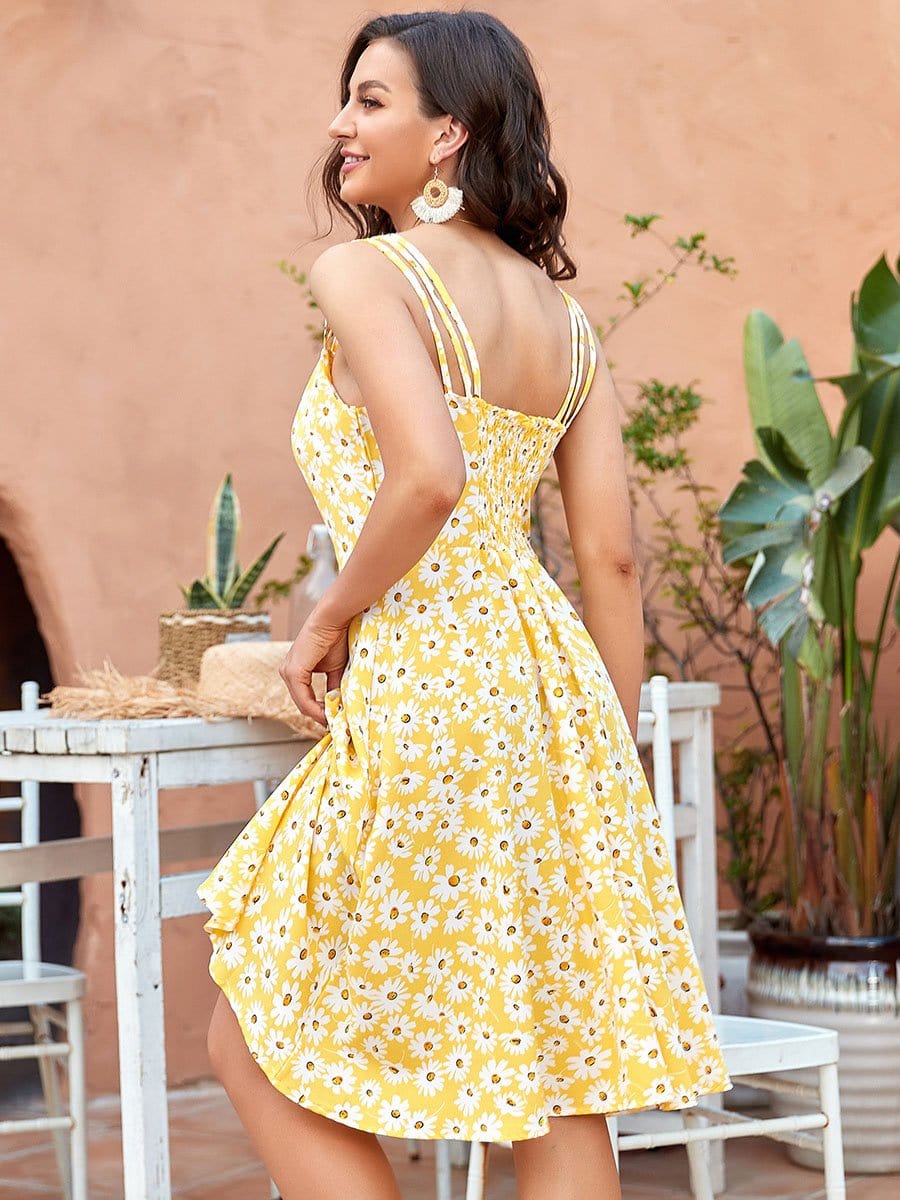 Color=Yellow | Floral A-Line Spaghetti Straps Smocking Knee-Length Summer Dress-Yellow 2