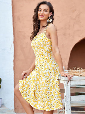 Color=Yellow | Floral A-Line Spaghetti Straps Smocking Knee-Length Summer Dress-Yellow 4