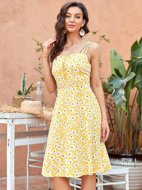 Color=Yellow | Floral A-Line Spaghetti Straps Smocking Knee-Length Summer Dress-Yellow 1