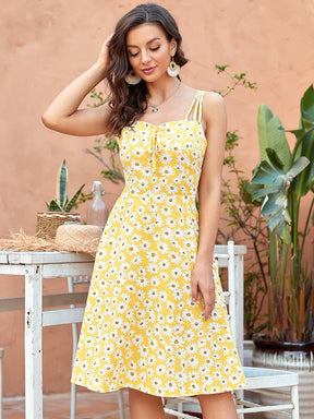 Color=Yellow | Floral A-Line Spaghetti Straps Smocking Knee-Length Summer Dress-Yellow 5