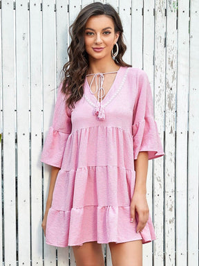 Color=Pink | Loose V Neck Bell Sleeves Mid-Rib Tiered Short Summer Dress-Pink 4