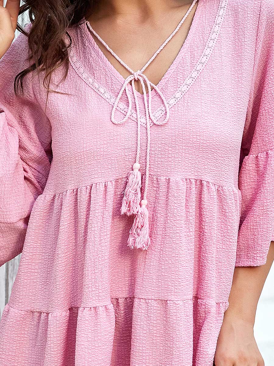 Color=Pink | Loose V Neck Bell Sleeves Mid-Rib Tiered Short Summer Dress-Pink 3