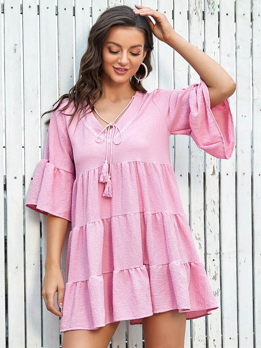 Color=Pink | Loose V Neck Bell Sleeves Mid-Rib Tiered Short Summer Dress-Pink 1