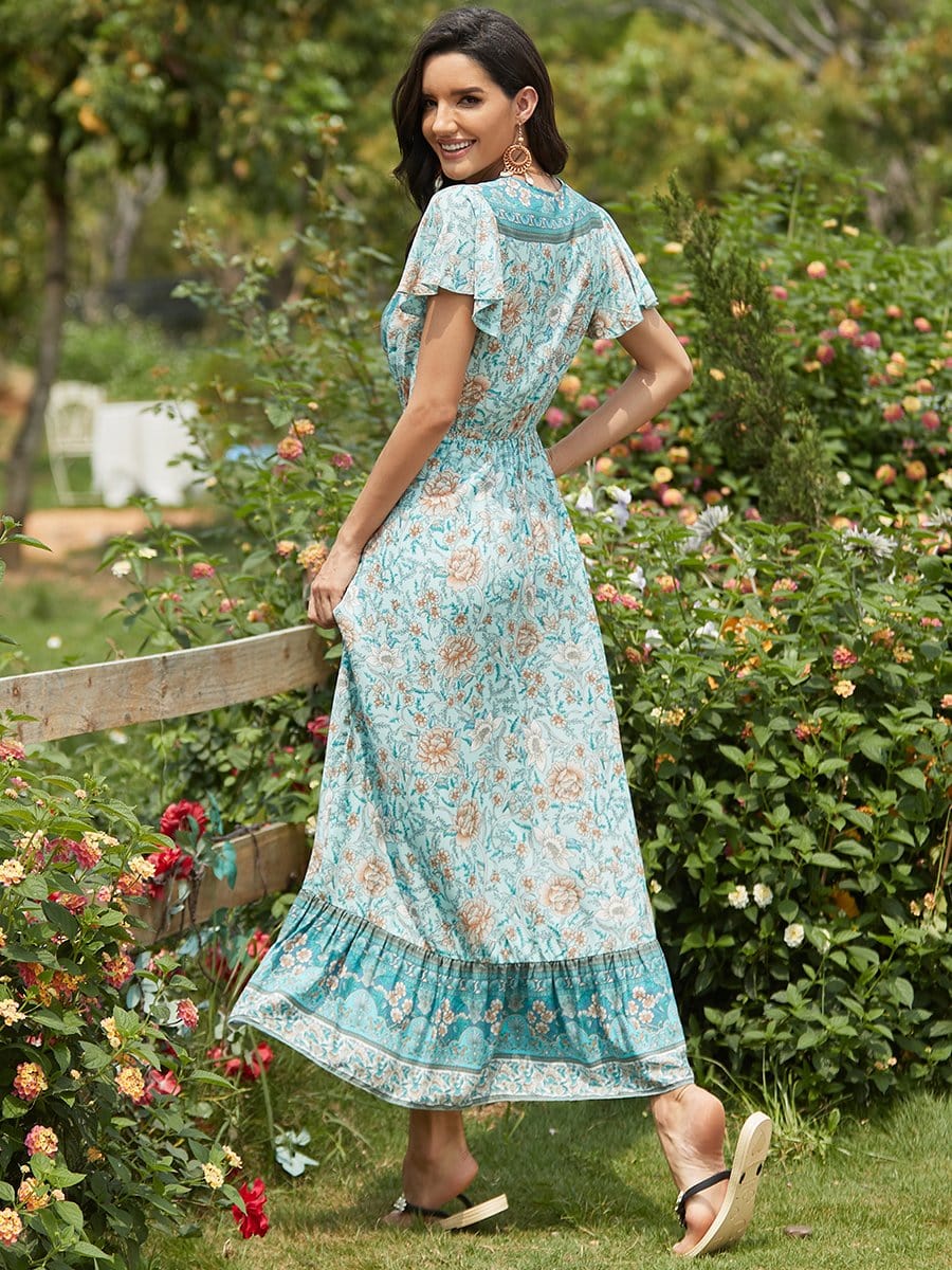 Color=Sky Blue | Deep V Neck Pagoda Sleeves Long Maxi Broomstick Summer Dress-Sky Blue 2