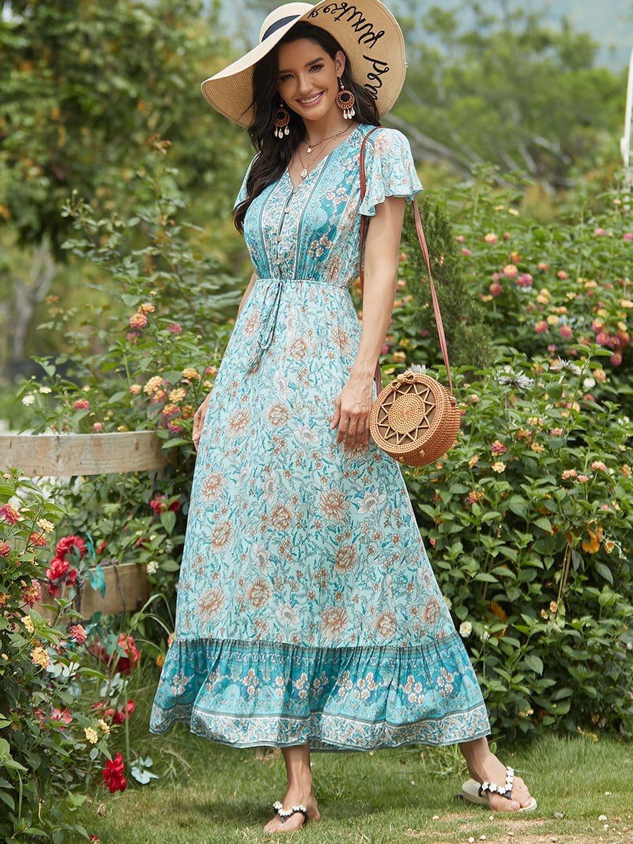 Color=Sky Blue | Deep V Neck Pagoda Sleeves Long Maxi Broomstick Summer Dress-Sky Blue 1