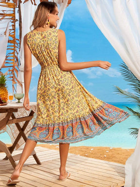 Color=Yellow | V Neck Sleeveless Tie-Up Waist Belt Floral Beach Dresses-Yellow 4