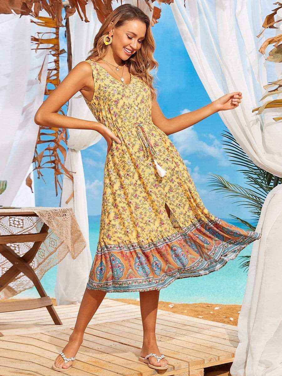 Color=Yellow | V Neck Sleeveless Tie-Up Waist Belt Floral Beach Dresses-Yellow 1