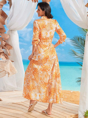 Color=Yellow | Palms Mid To Long Sleeves Collar Buttoned Beach Dresses-Yellow 2