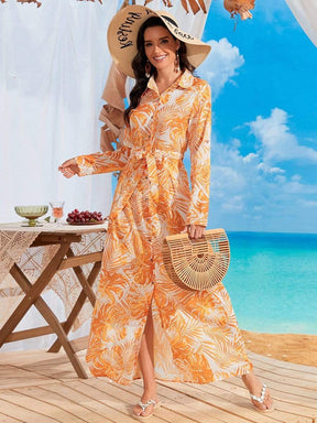 Color=Yellow | Palms Mid To Long Sleeves Collar Buttoned Beach Dresses-Yellow 1