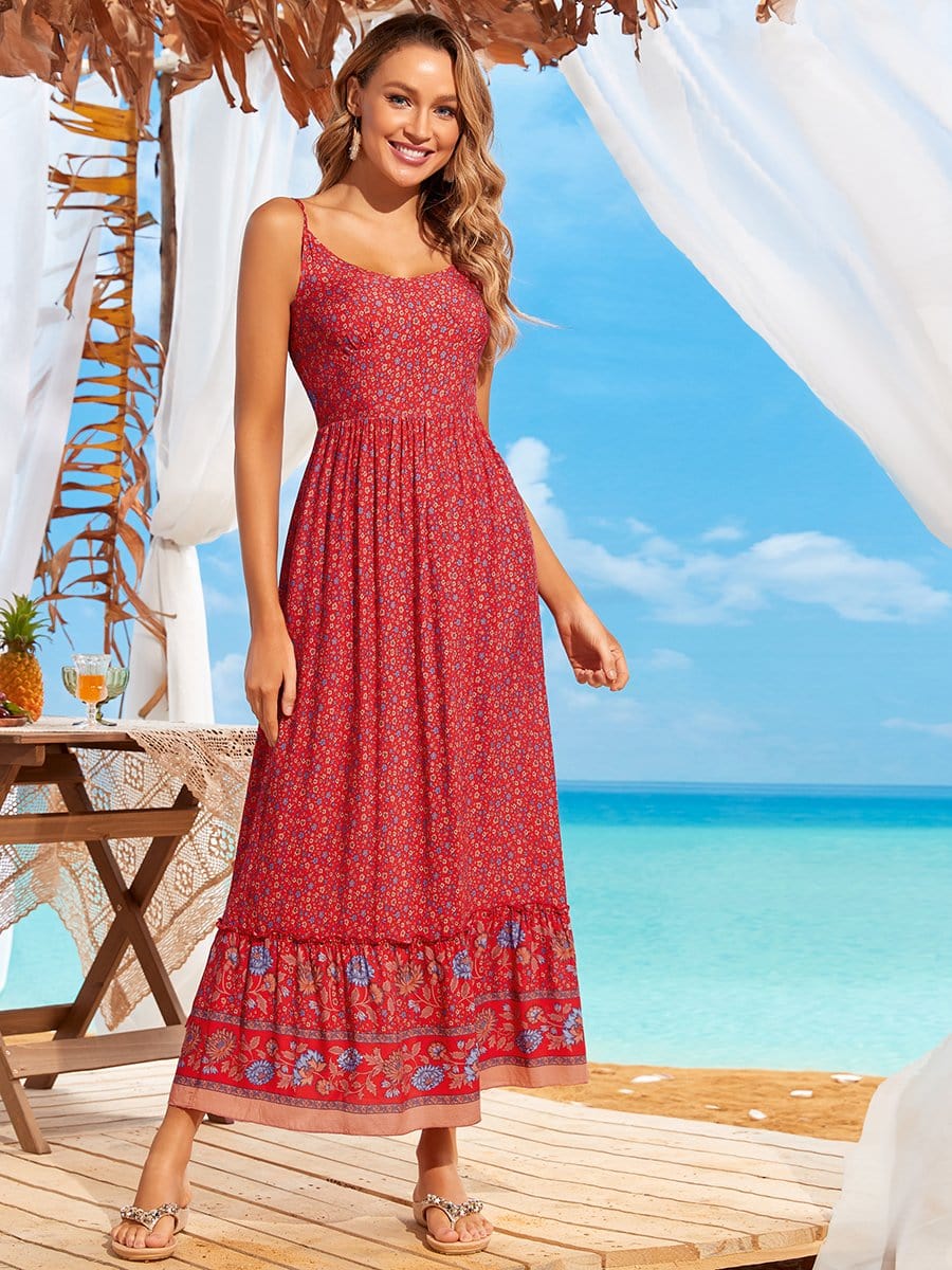 Color=Red | Sleeveless Spaghetti Strap Smocking Summer Long Dress-Red 1