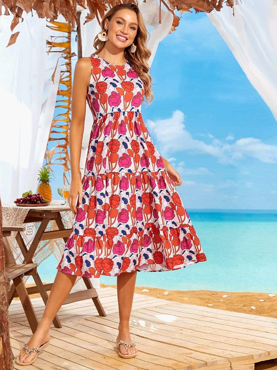 round neck floral midi dress Floral Sleeveless Ribbon Back Summer Midi Dress
