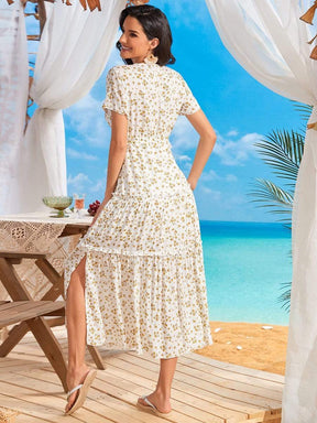 Color=White | Deep V Neck Side Slit Floral Summer Maxi Dress-White 2