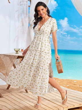 Color=White | Deep V Neck Side Slit Floral Summer Maxi Dress-White 4