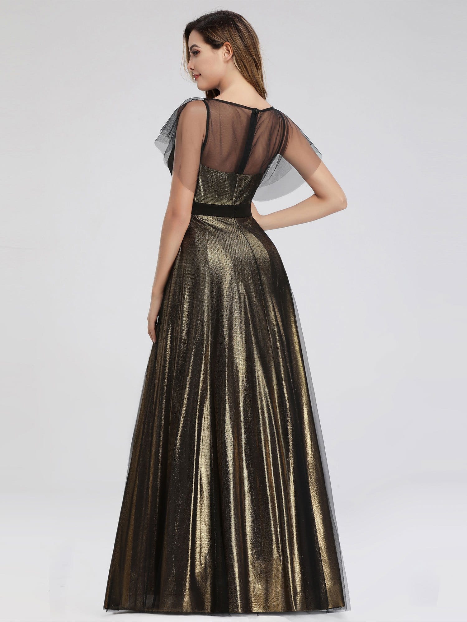 Color=Gold | Women'S Fashion Round Neckline Floor Length Evening Dress-Gold 2