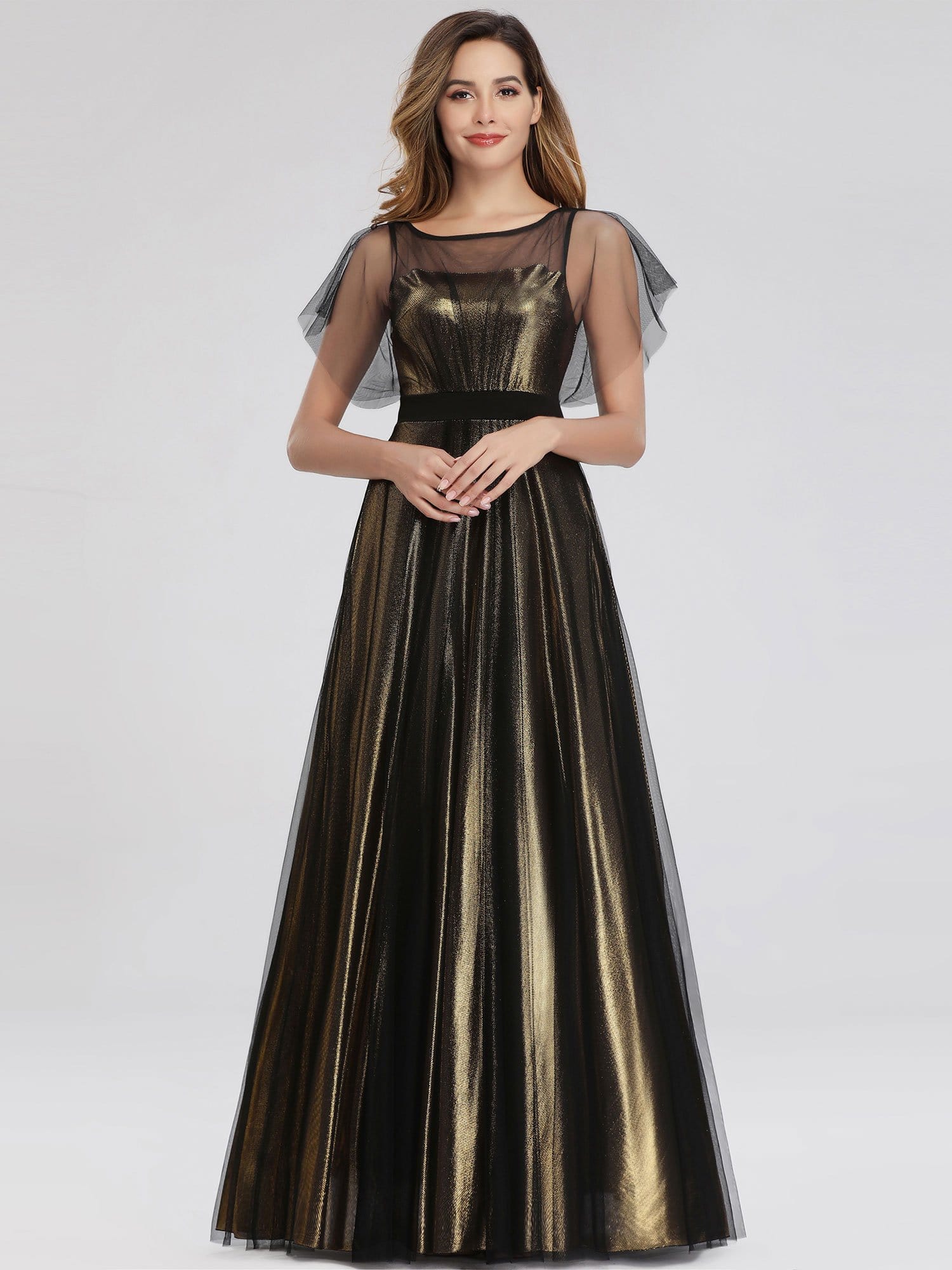 Color=Gold | Women'S Fashion Round Neckline Floor Length Evening Dress-Gold 1