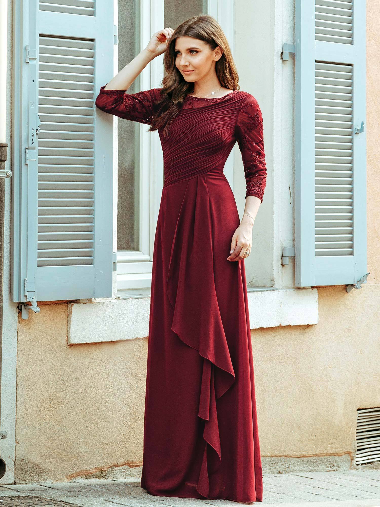 Color=Burgundy | Women'S 3/4 Sleeve Front Wrap Dress Floor-Length Bridesmaid Dress-Burgundy 4