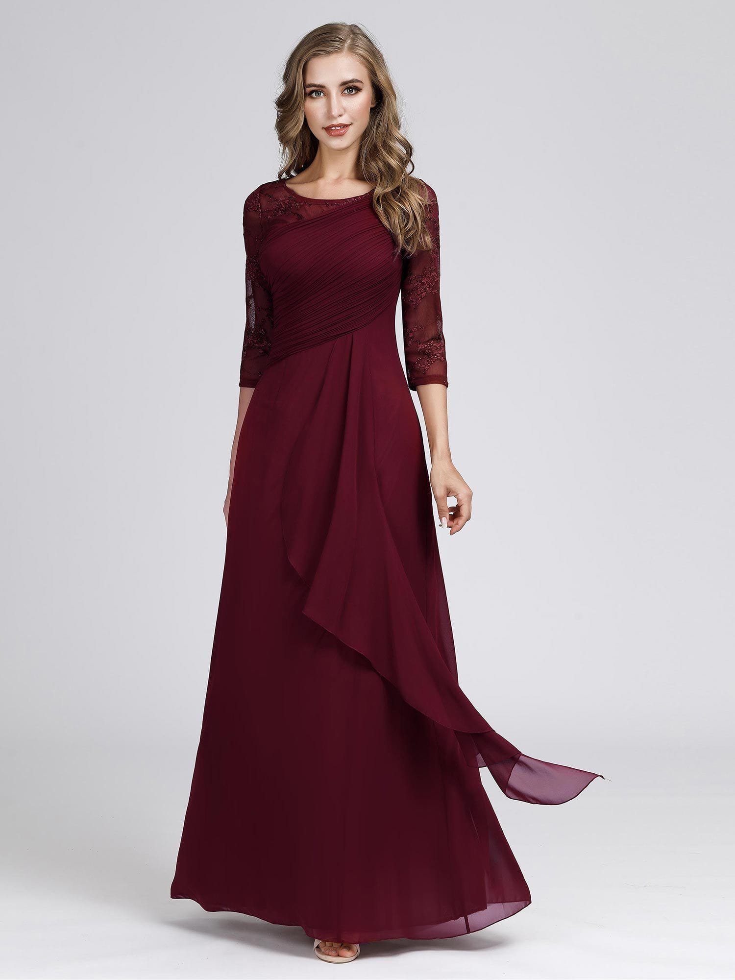 Color=Burgundy | Women'S 3/4 Sleeve Front Wrap Dress Floor-Length Bridesmaid Dress-Burgundy 5