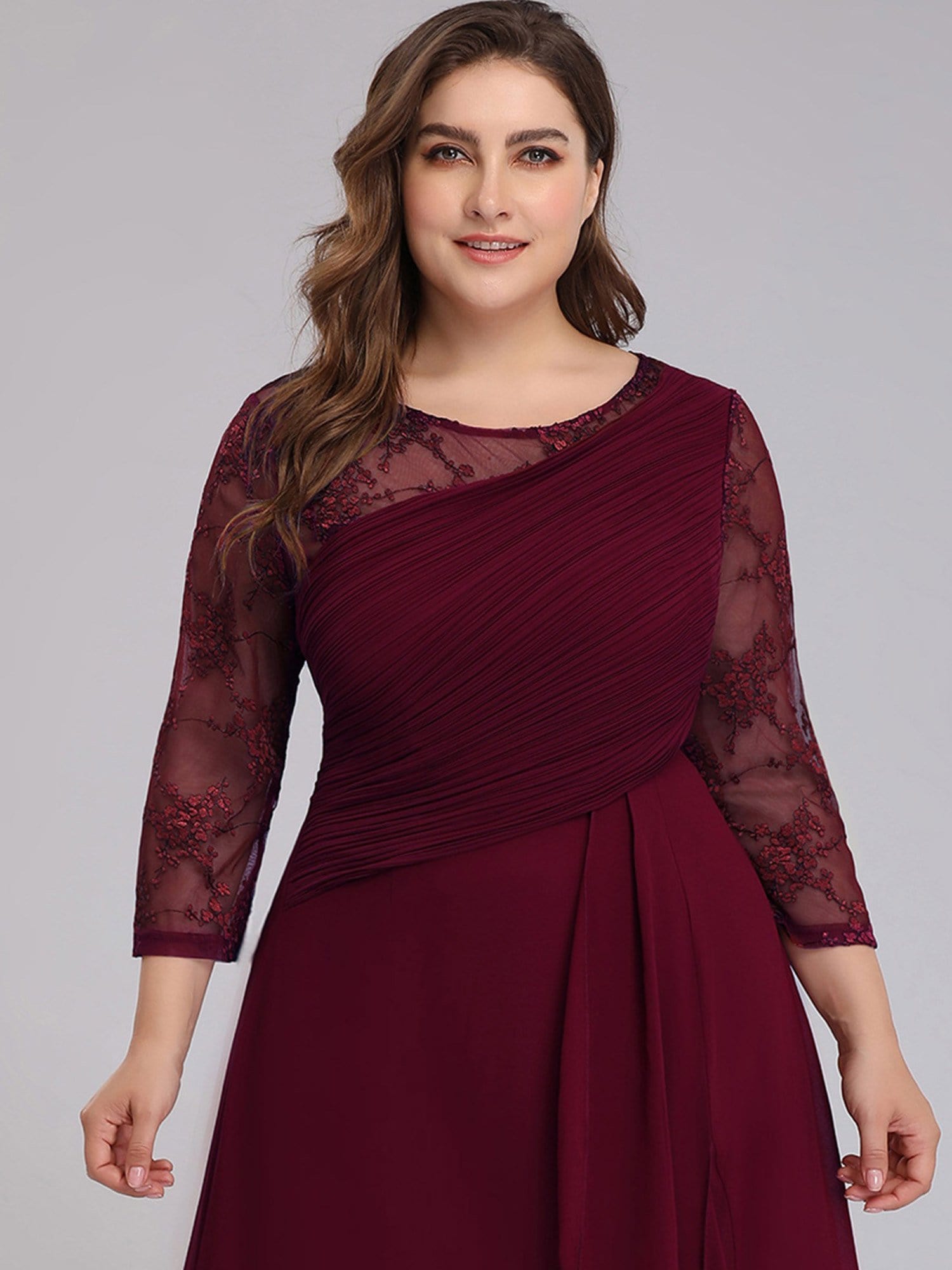 Color=Burgundy | Women'S 3/4 Sleeve Front Wrap Dress Floor-Length Bridesmaid Dress-Burgundy 14