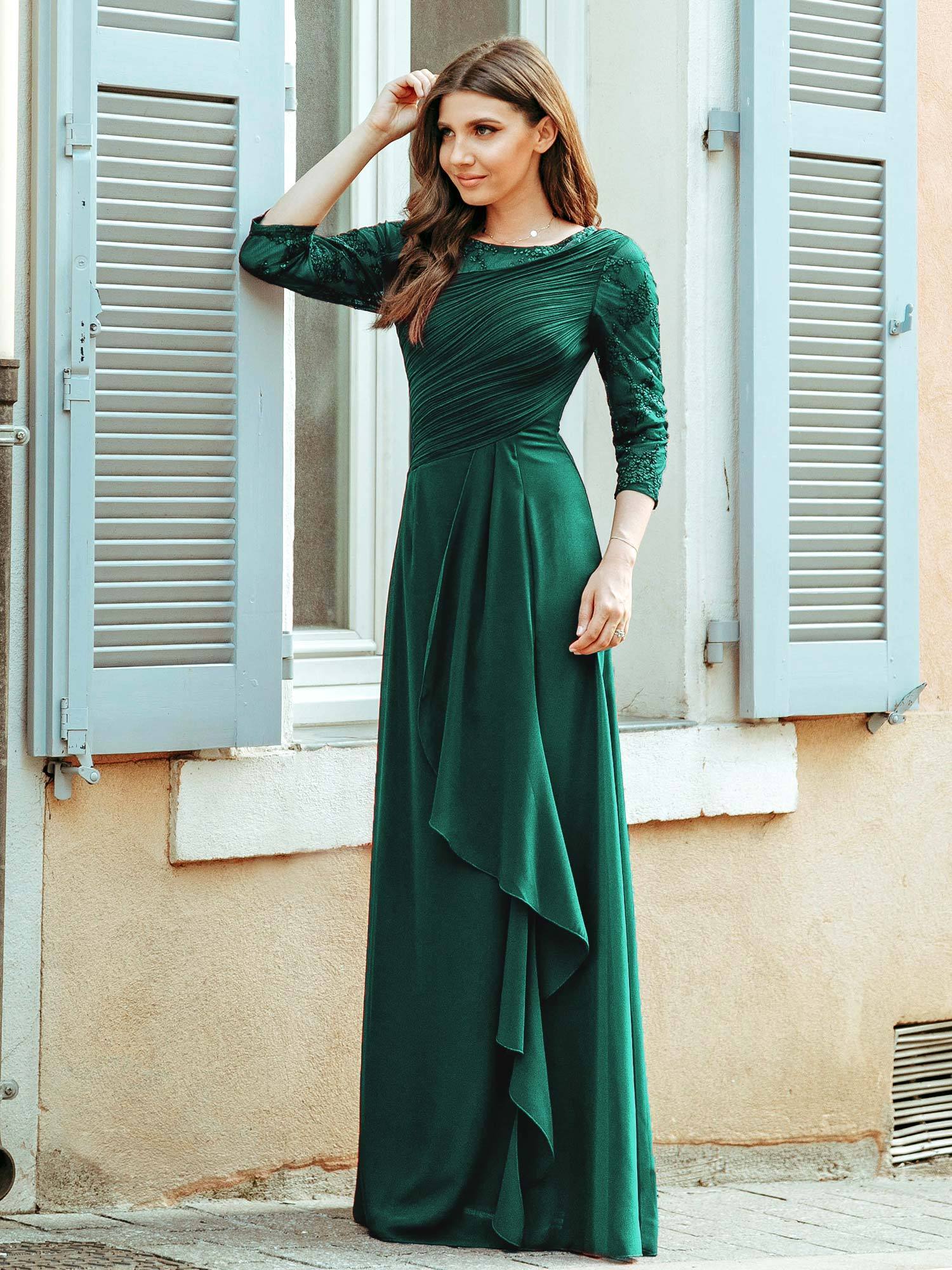 Color=Dark Green | Women'S 3/4 Sleeve Front Wrap Dress Floor-Length Bridesmaid Dress-Dark Green 3