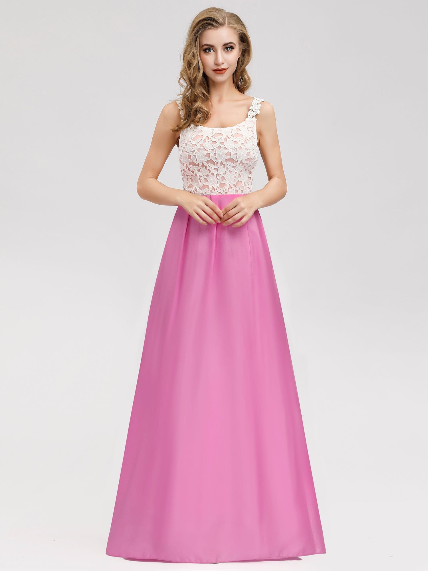 Color=Hot Pink | Women'S Elegant Round Neckline Floor Length Bridesmaid Dress-Hot Pink 4