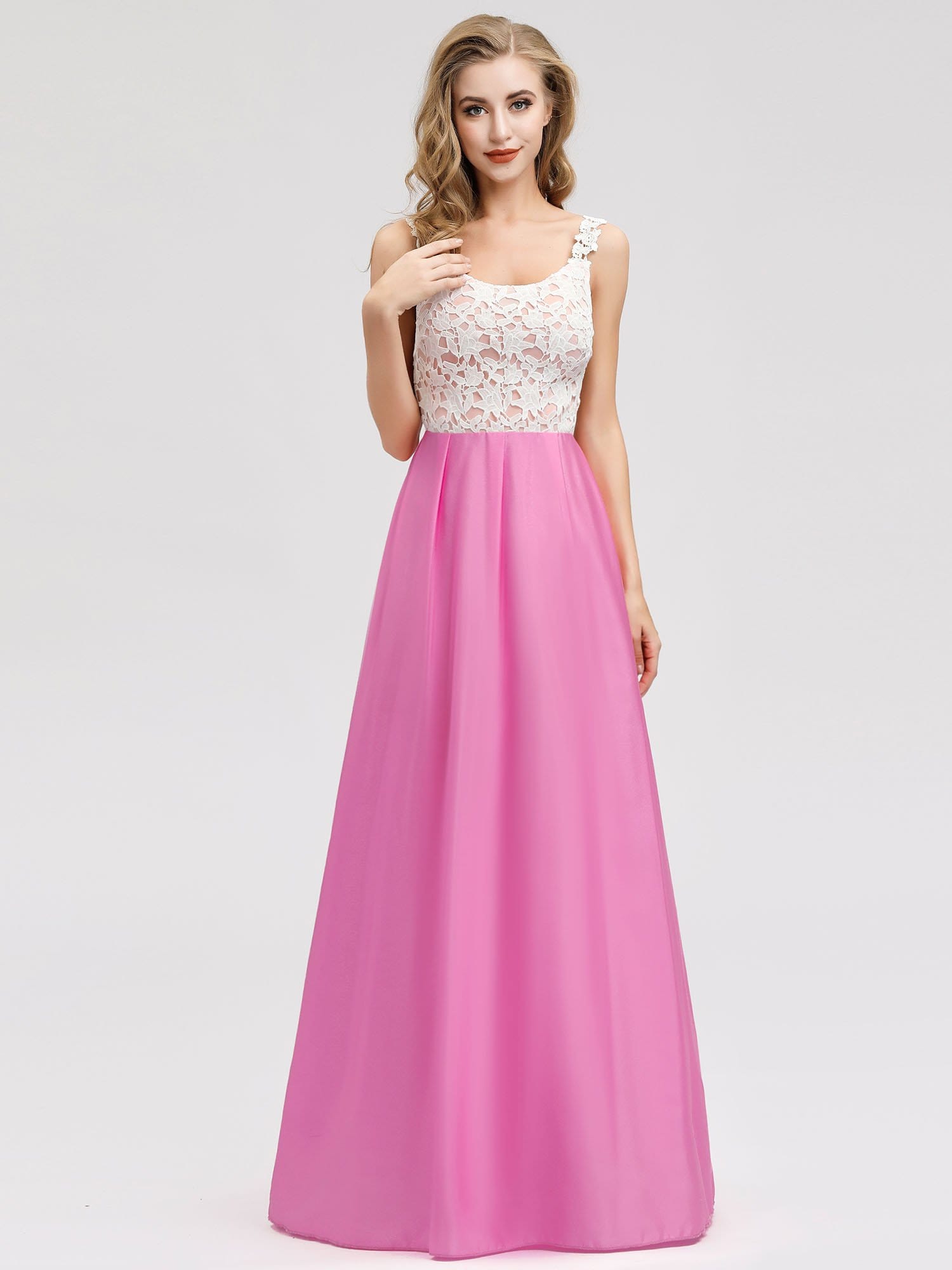 Color=Hot Pink | Women'S Elegant Round Neckline Floor Length Bridesmaid Dress-Hot Pink 1