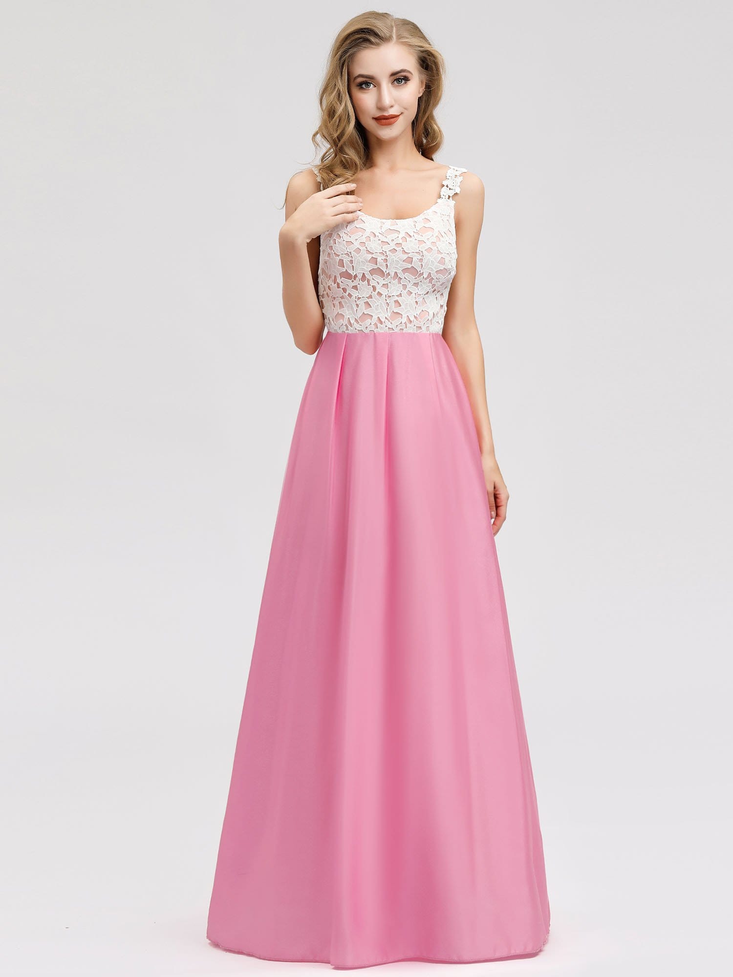 Color=Pink | Women'S Elegant Round Neckline Floor Length Bridesmaid Dress-Pink 4