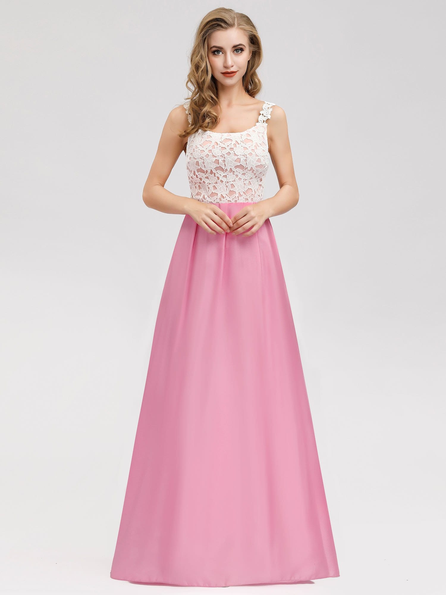 Color=Pink | Women'S Elegant Round Neckline Floor Length Bridesmaid Dress-Pink 1