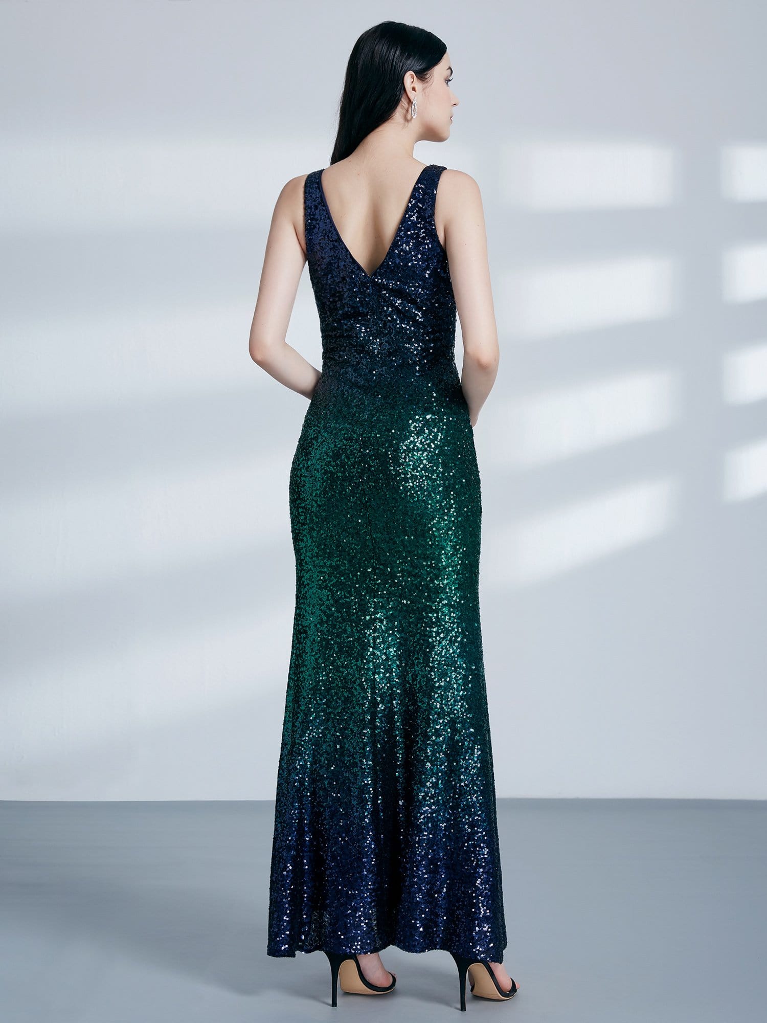 Color=Navy Blue | Women Fashion Sequins Floor Length Vneck Evening Dresses-Navy Blue 3