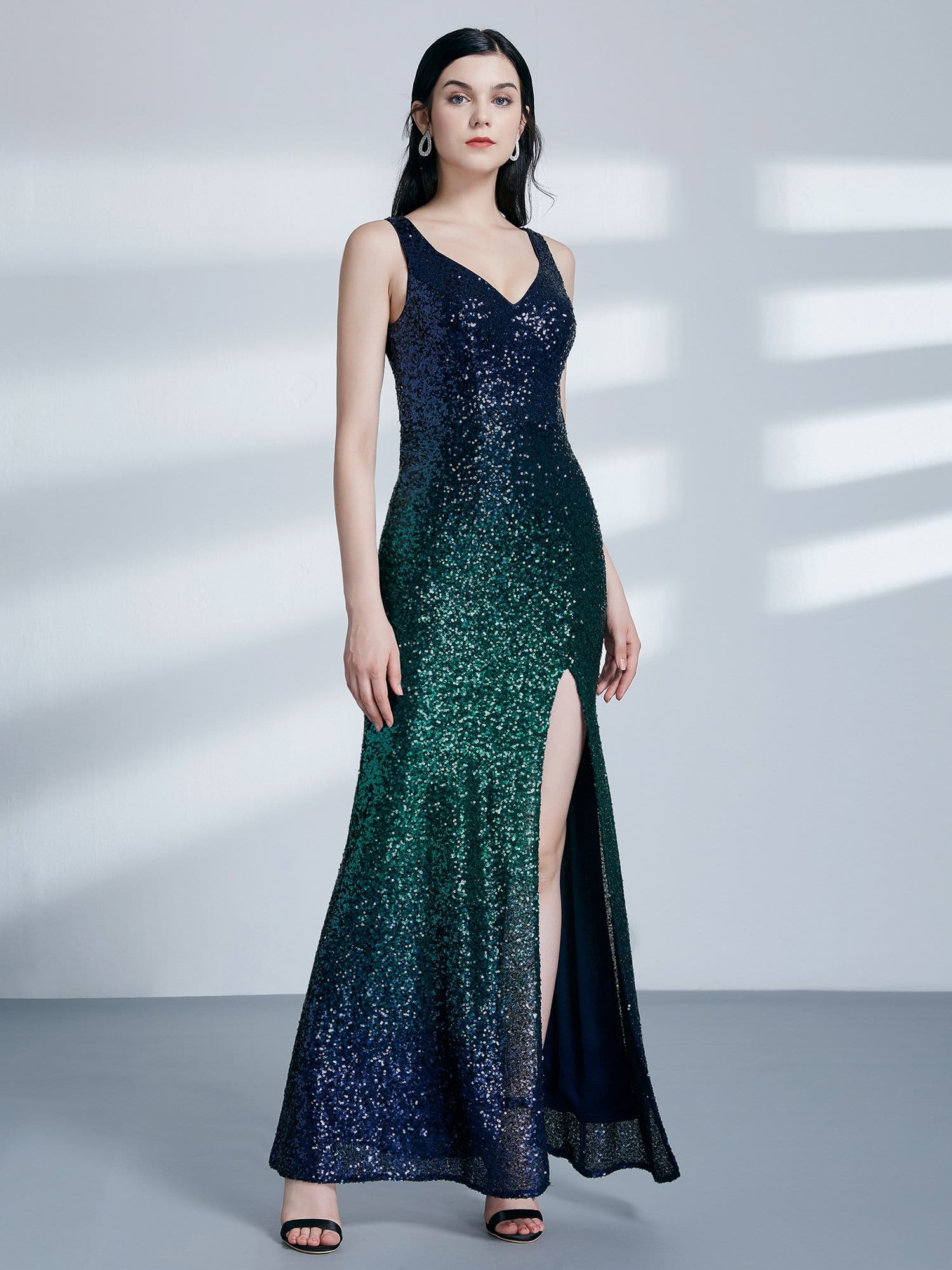 Color=Navy Blue | Women Fashion Sequins Floor Length Vneck Evening Dresses-Navy Blue 4