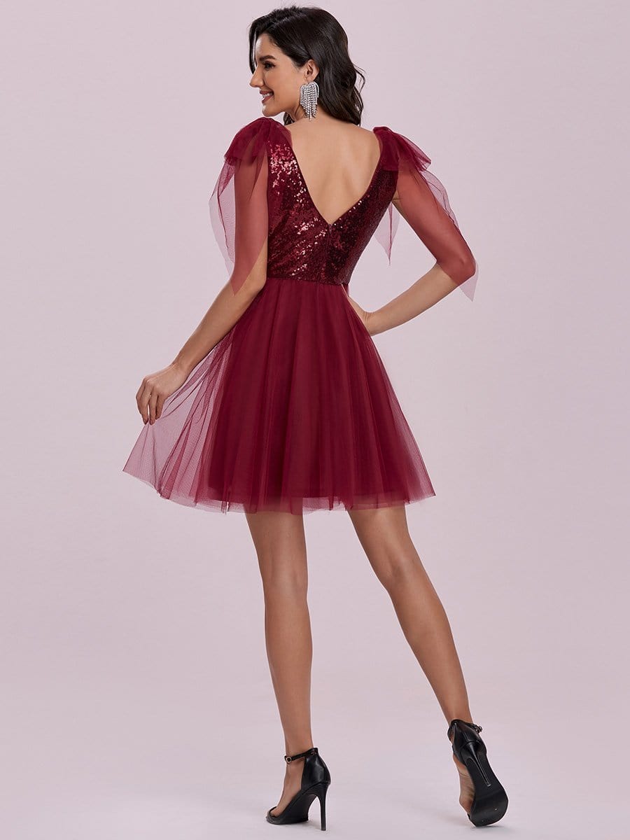 Color=Burgundy | Sleeveless A-Line Deep V-Neck Sequin Cocktail Dress -Burgundy 4