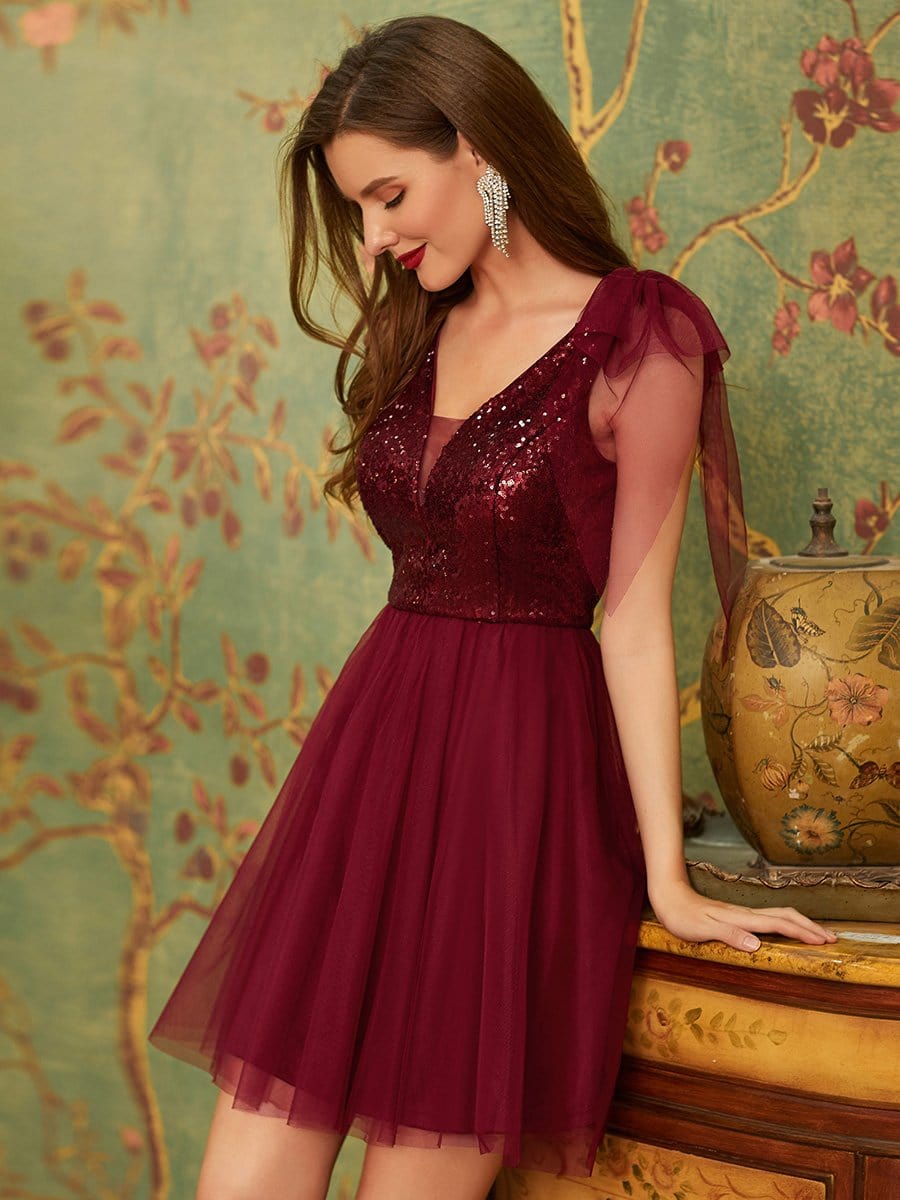 Color=Burgundy | Sleeveless A-Line Deep V-Neck Sequin Cocktail Dress -Burgundy 1