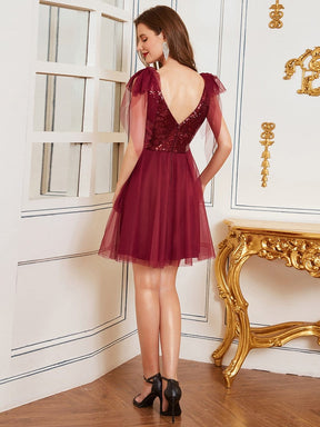 Color=Burgundy | Sleeveless A-Line Deep V-Neck Sequin Cocktail Dress -Burgundy 2