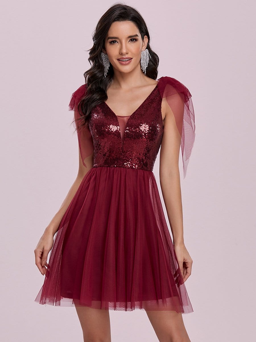 Color=Burgundy | Sleeveless A-Line Deep V-Neck Sequin Cocktail Dress -Burgundy 3