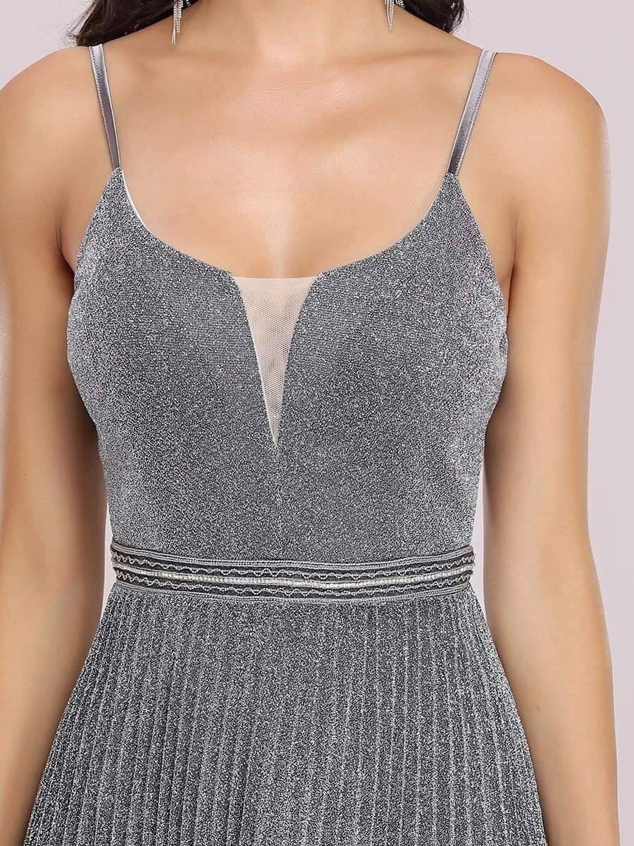 Color=Grey | Spaghetti Strap Shiny Pleated Mini Cocktail Dress-Grey 10