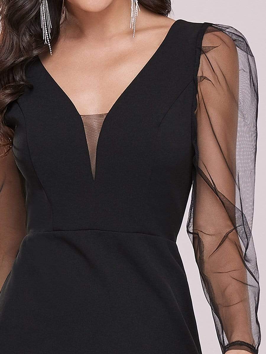 Color=Black | Elegant See-Through Puff Sleeves Cocktail Dress-Black 7