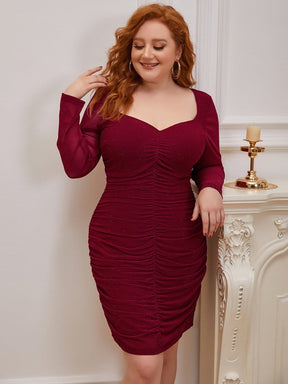 Color=Burgundy | Simple Pleated Long Sleeves Plus Size Cocktail Dress-Burgundy 1