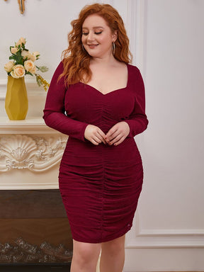 Color=Burgundy | Simple Pleated Long Sleeves Plus Size Cocktail Dress-Burgundy 2