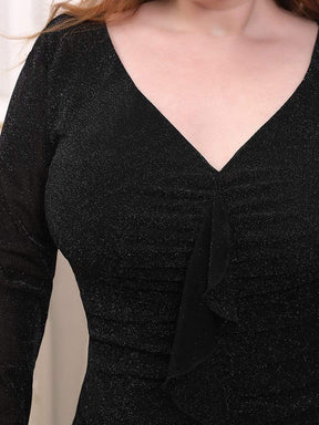 Color=Black | Sexy Short Long Sleeve Plus Size V Neck Cocktail Dress-Black 7