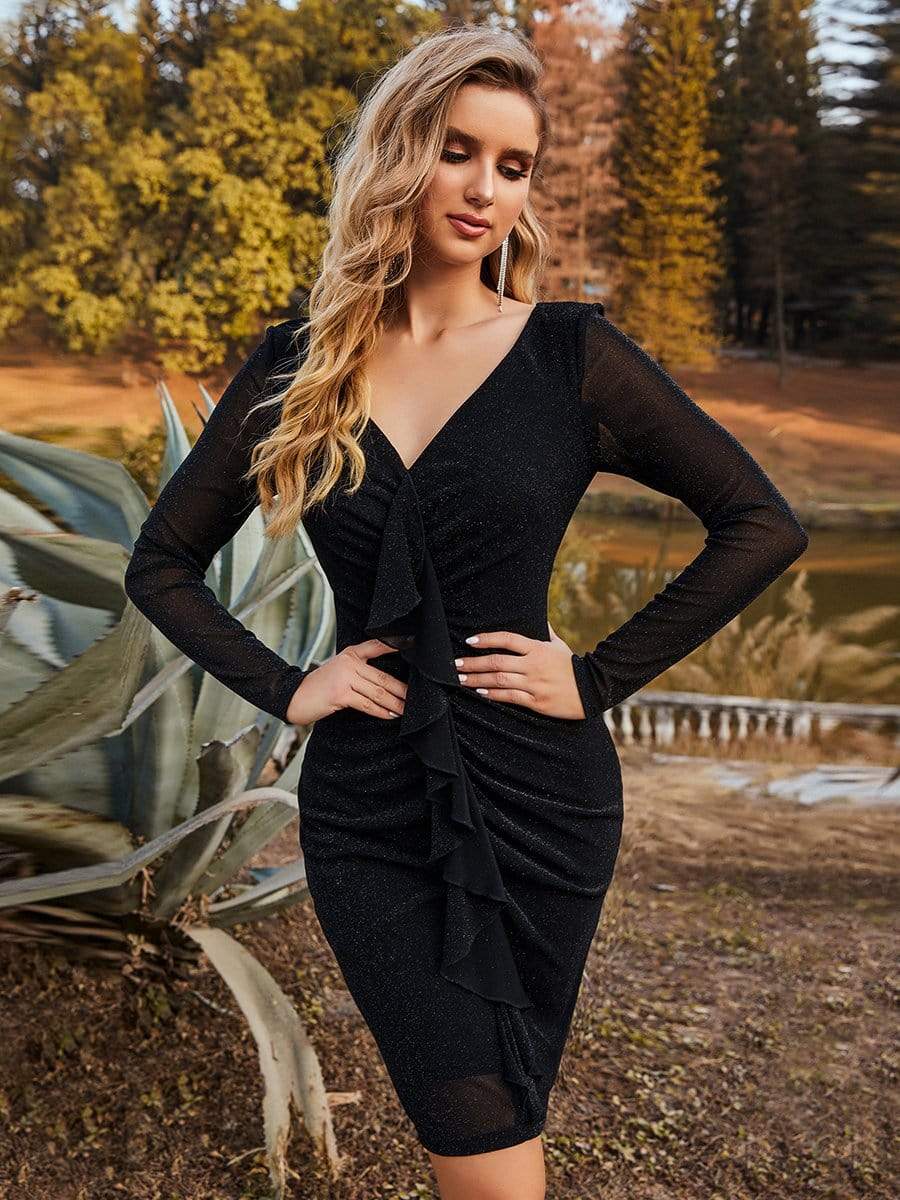 Color=Black | Sexy Short Long Sleeve Plus Size V Neck Cocktail Dress-Black 1