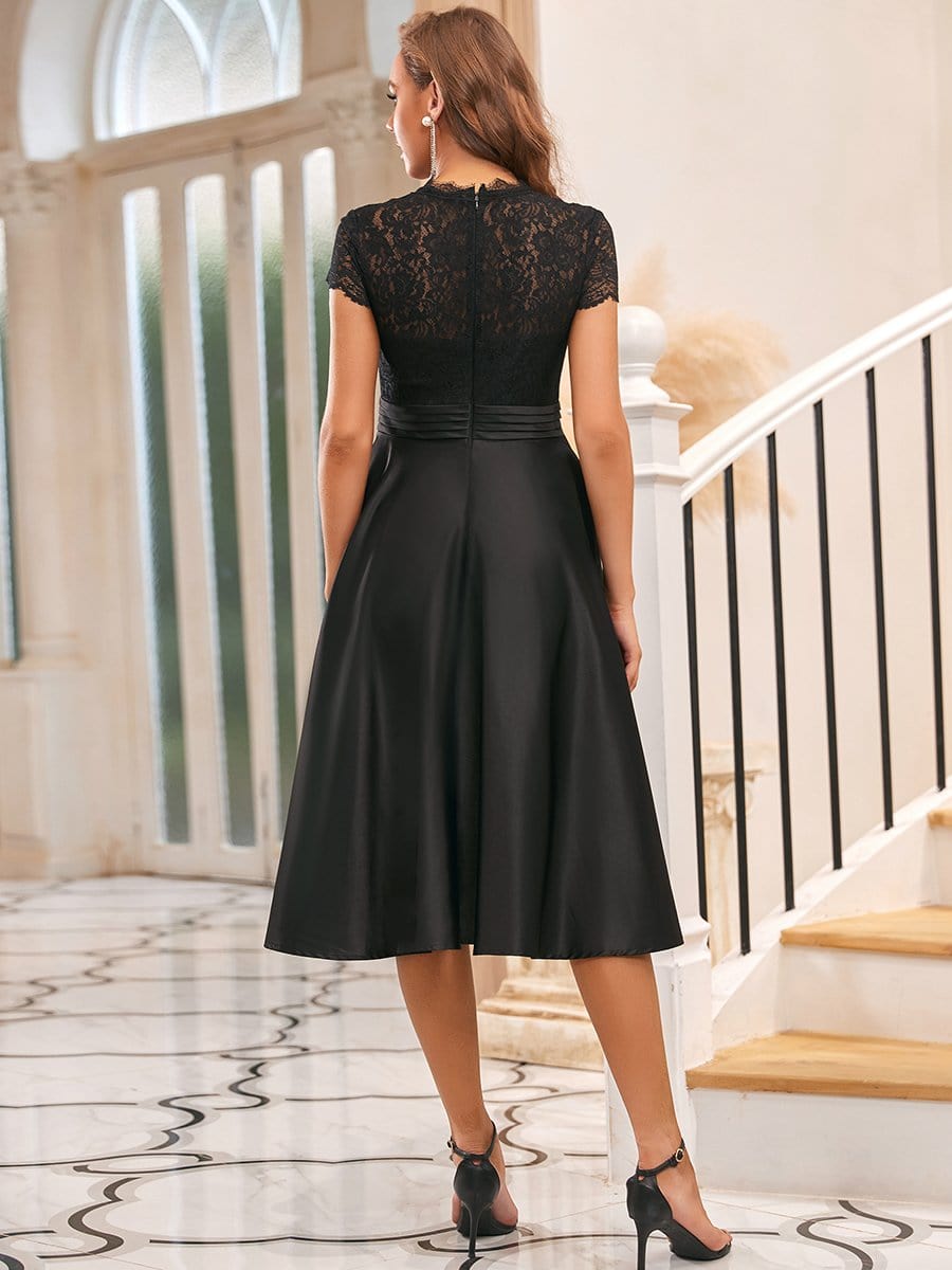 Color=Black | V Neck A-Line Embroidered Floral Short Sleeves Midi Formal Dress-Black 2