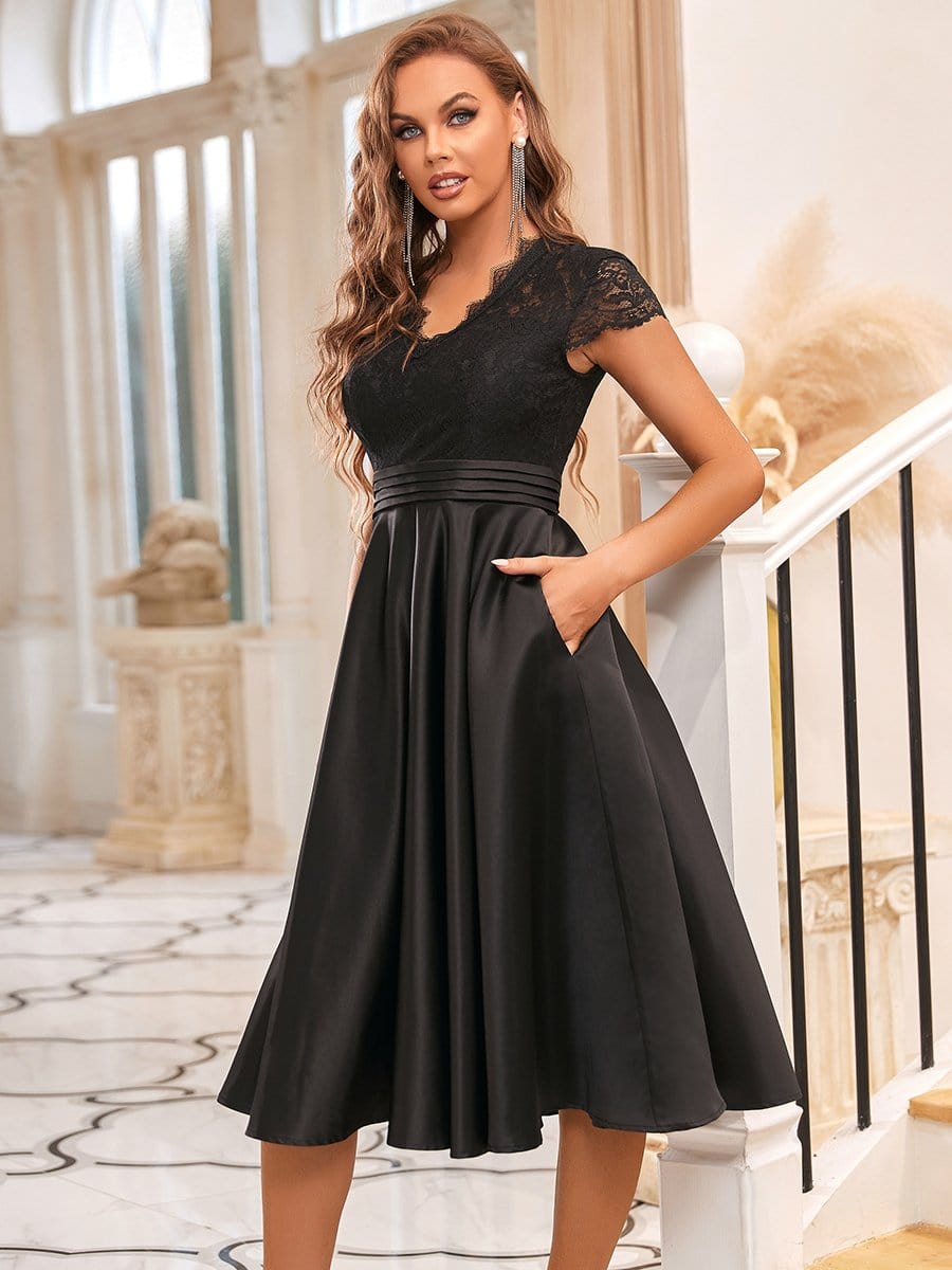 Color=Black | V Neck A-Line Embroidered Floral Short Sleeves Midi Formal Dress-Black 1