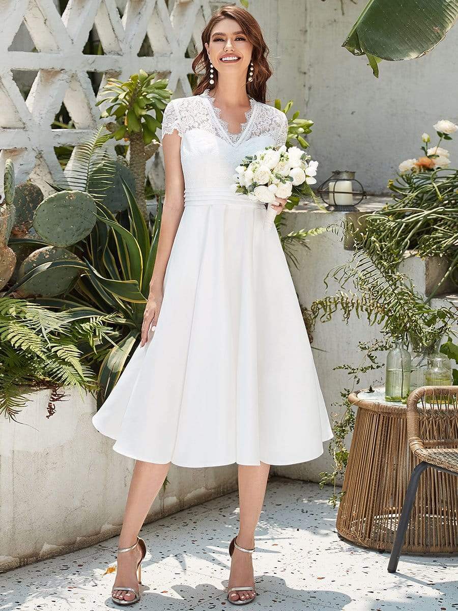 Color=White | V Neck A-Line Embroidered Floral Short Sleeves Midi Formal Dress-White 4