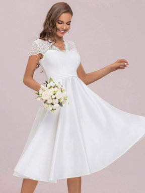 Color=White | V Neck A-Line Embroidered Floral Short Sleeves Midi Formal Dress-White 6