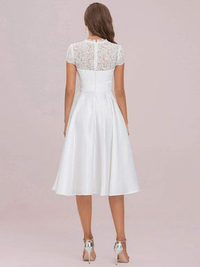 Color=White | V Neck A-Line Embroidered Floral Short Sleeves Midi Formal Dress-White 7