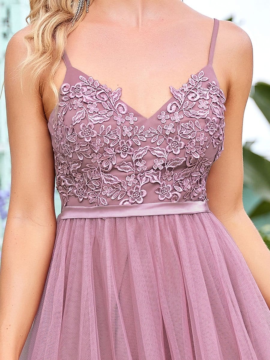 Color=Purple Orchid | Asymmetrical Hem Floral Applique Spaghetti Strap V Neck Prom Dress-Purple Orchid 3